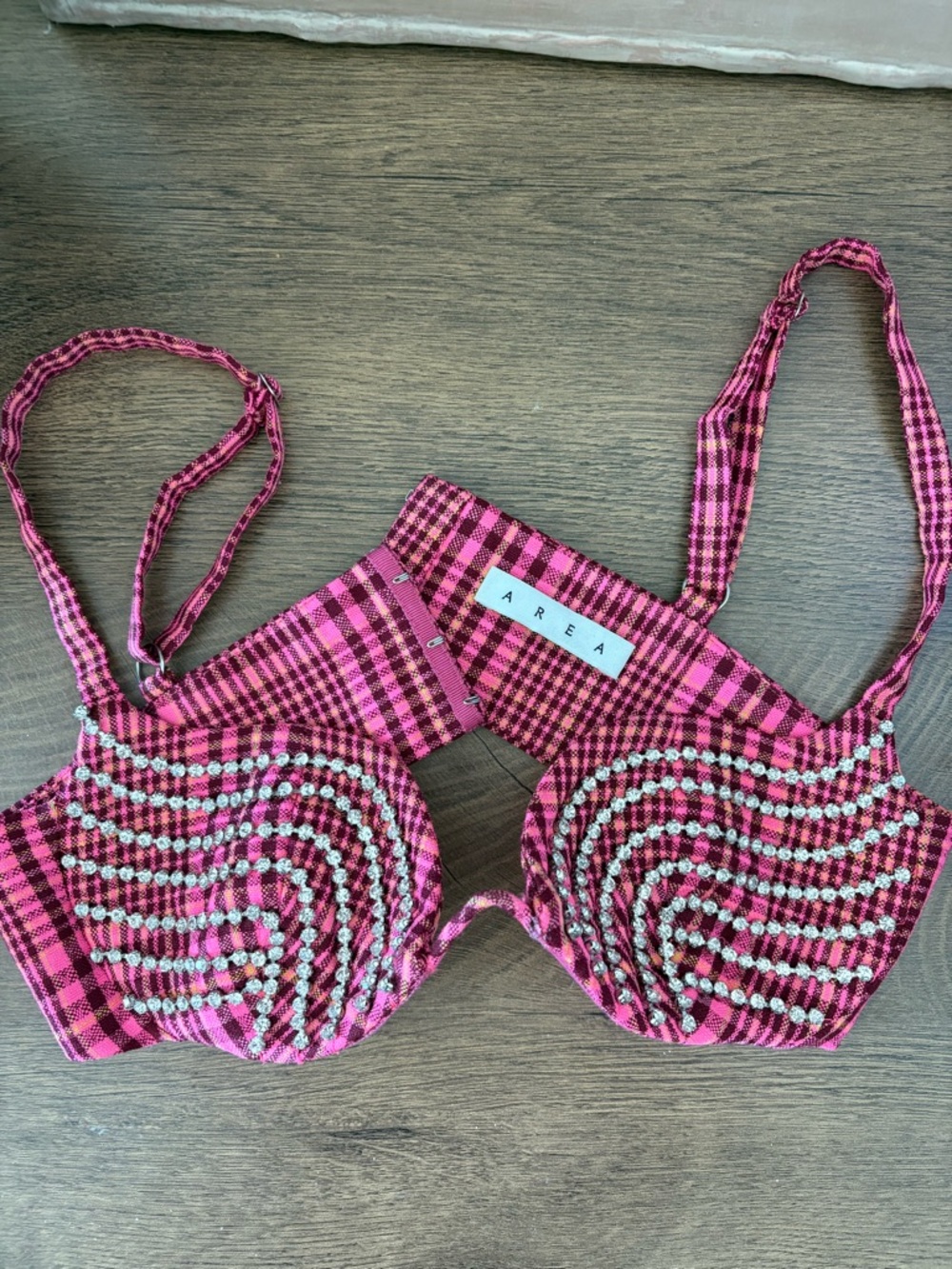 AREA Pink Plaid Crystal-Embellished Underwire Bra